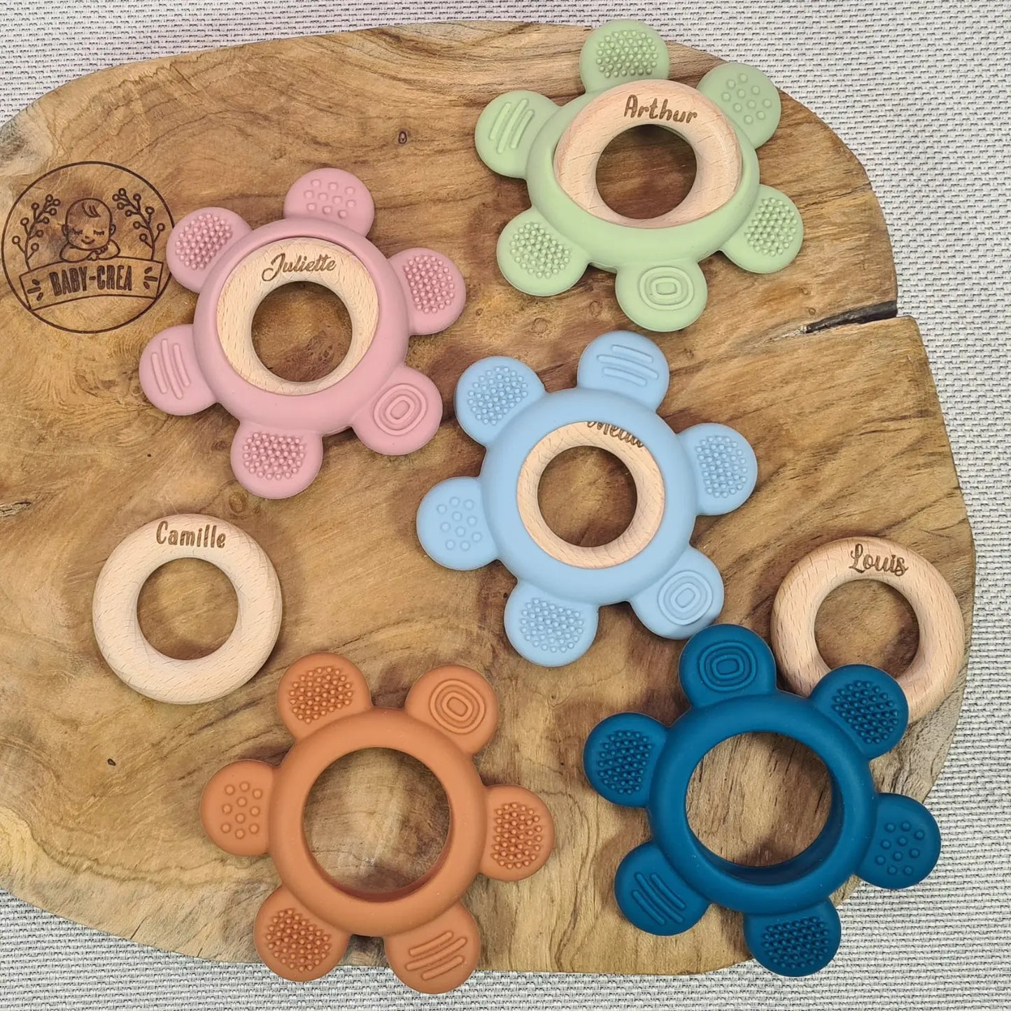 Nouveau anneau dentition bébé en silicone alimentaire personnalisé