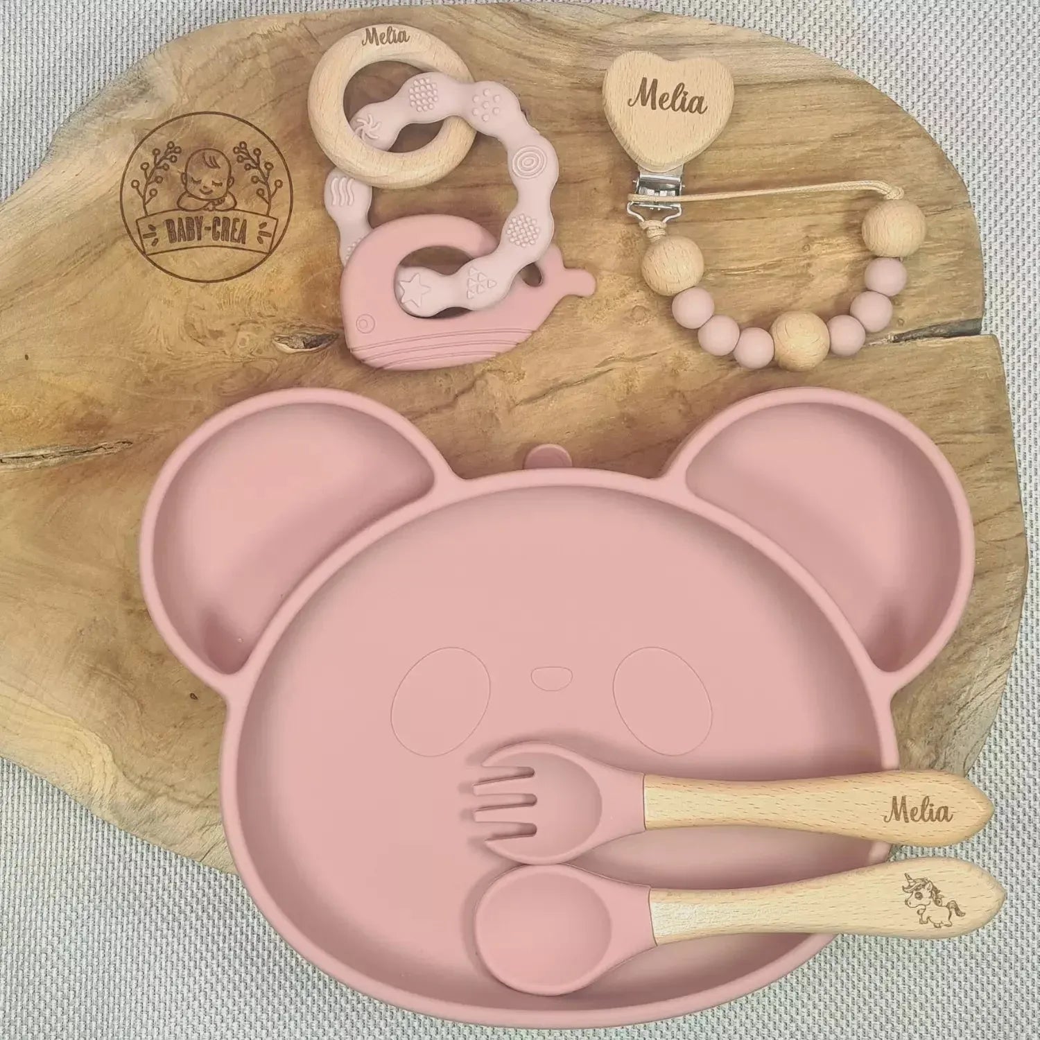 Coffret Bébé Personnalisé – Assiette Panda, Couverts, Attache & Anneau - Baby-crea