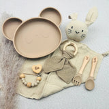 Coffret repas bébé beige personnalisé avec assiette panda, doudou lapin crème, anneau de dentition bois, attache tétine beige et couverts prénom Agathe