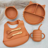 Coffret repas bébé personnalisé marron complet en silicone, assiette chat, bol, bavoir et tasse pour cadeau naissance