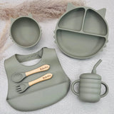 Coffret repas bébé complet vert olive en silicone, set naissance avec assiette chat, bol, bavoir et tasse Baby-Crea