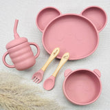 Coffret repas bébé fille personnalisé rose poudré avec prénom Manon et Melia, assiette panda, bol silicone, tasse apprentissage, couverts bois gravés, attache tétine perles bois – cadeau naissance original