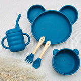 Coffret repas bébé garçon bleu avec prénom Louis et Alba, set vaisselle silicone forme panda, bol, tasse anti-fuite, cuillère et fourchette gravées, attache tétine perles – cadeau de naissance personnalisé garçon