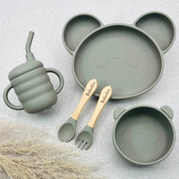 Coffret repas bébé mixte gris foncé avec prénom Valentin et Antoine, set repas panda silicone avec bol, tasse paille, couverts en bois personnalisés et attache tétine – cadeau bébé prénom gravé