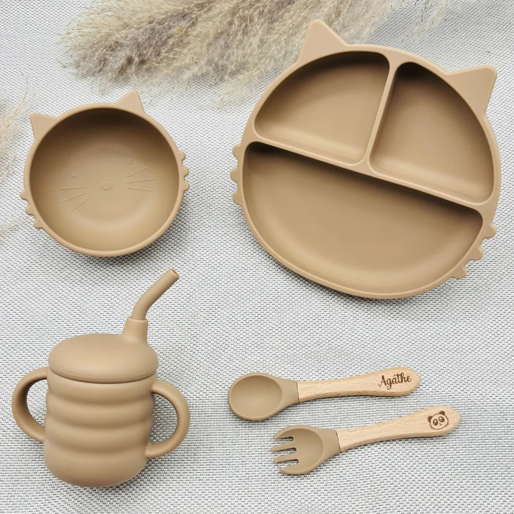 Coffret repas bébé personnalisé beige, set repas en silicone pour bébé, cadeau naissance Baby-Crea