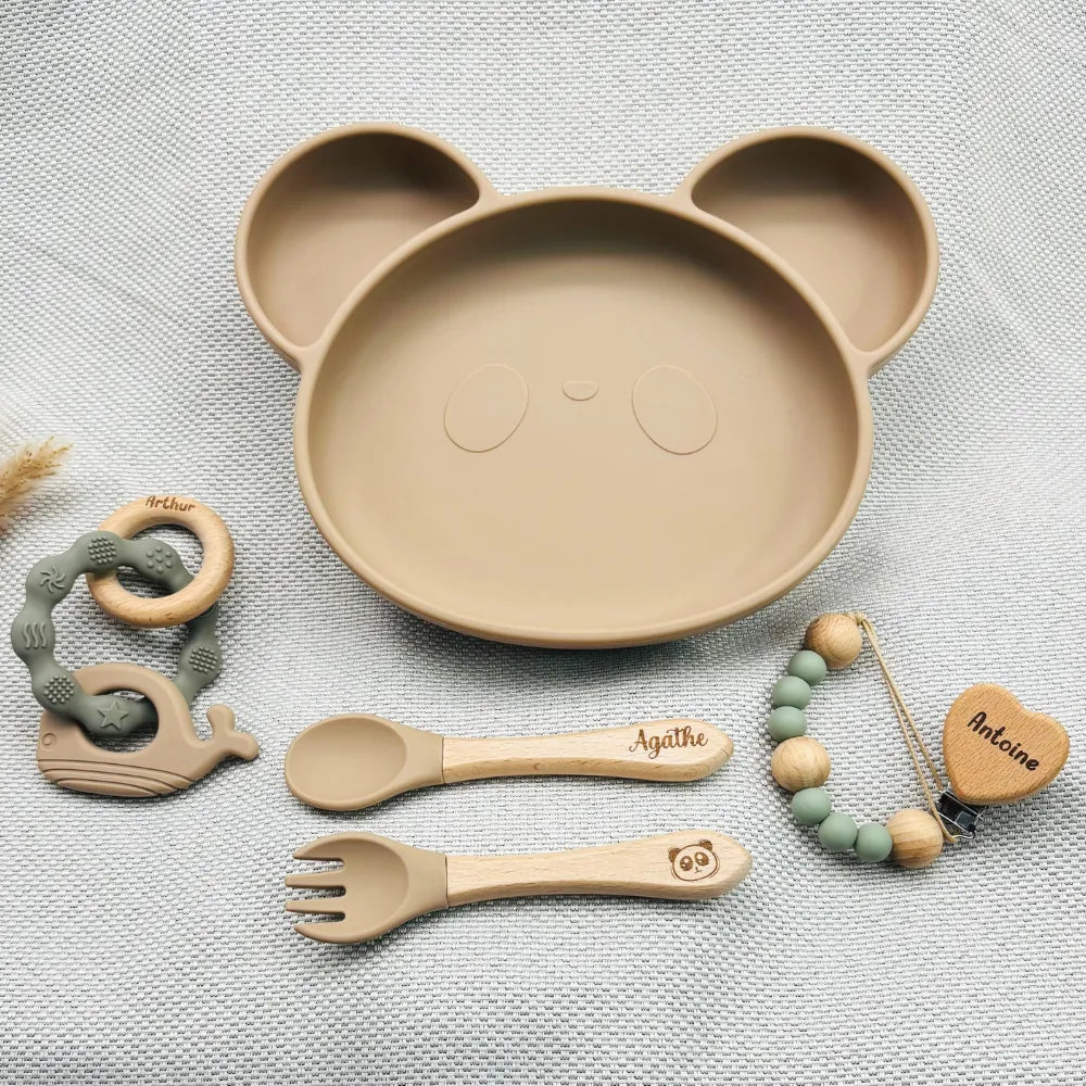 Coffret Bébé Personnalisé – Assiette Panda, Couverts, Attache & Anneau - Baby-crea