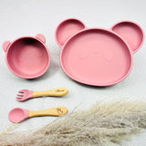 Coffret vaisselle bébé fille rose panda avec couverts bois gravés Manon, assiette et bol antidérapants. Parfait pour cadeau naissance.