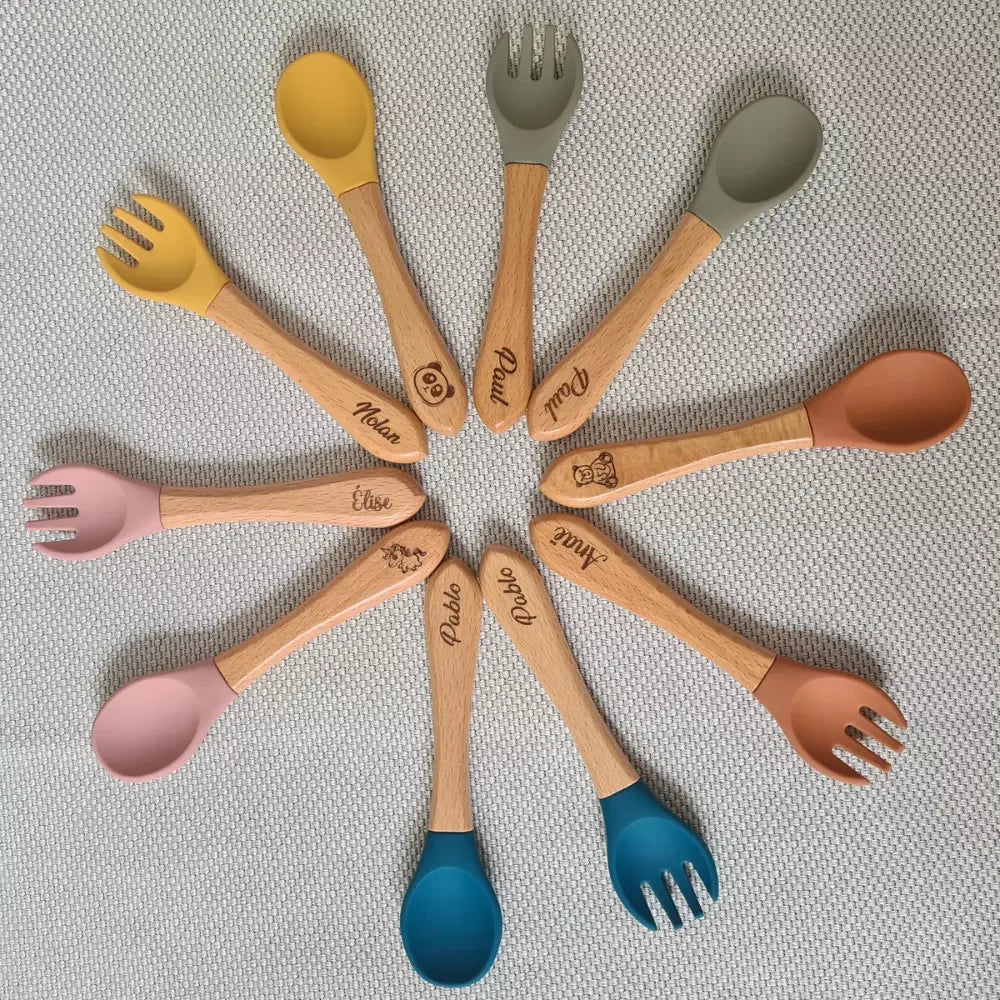 Cuillère et fourchette bébé gravées coloris 