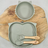 Ensemble repas bébé prénom gravé Baby-Crea vert olive