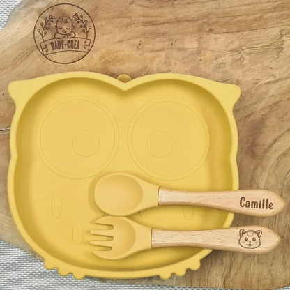 Kit repas bébé silicone sans BPA motif hibou