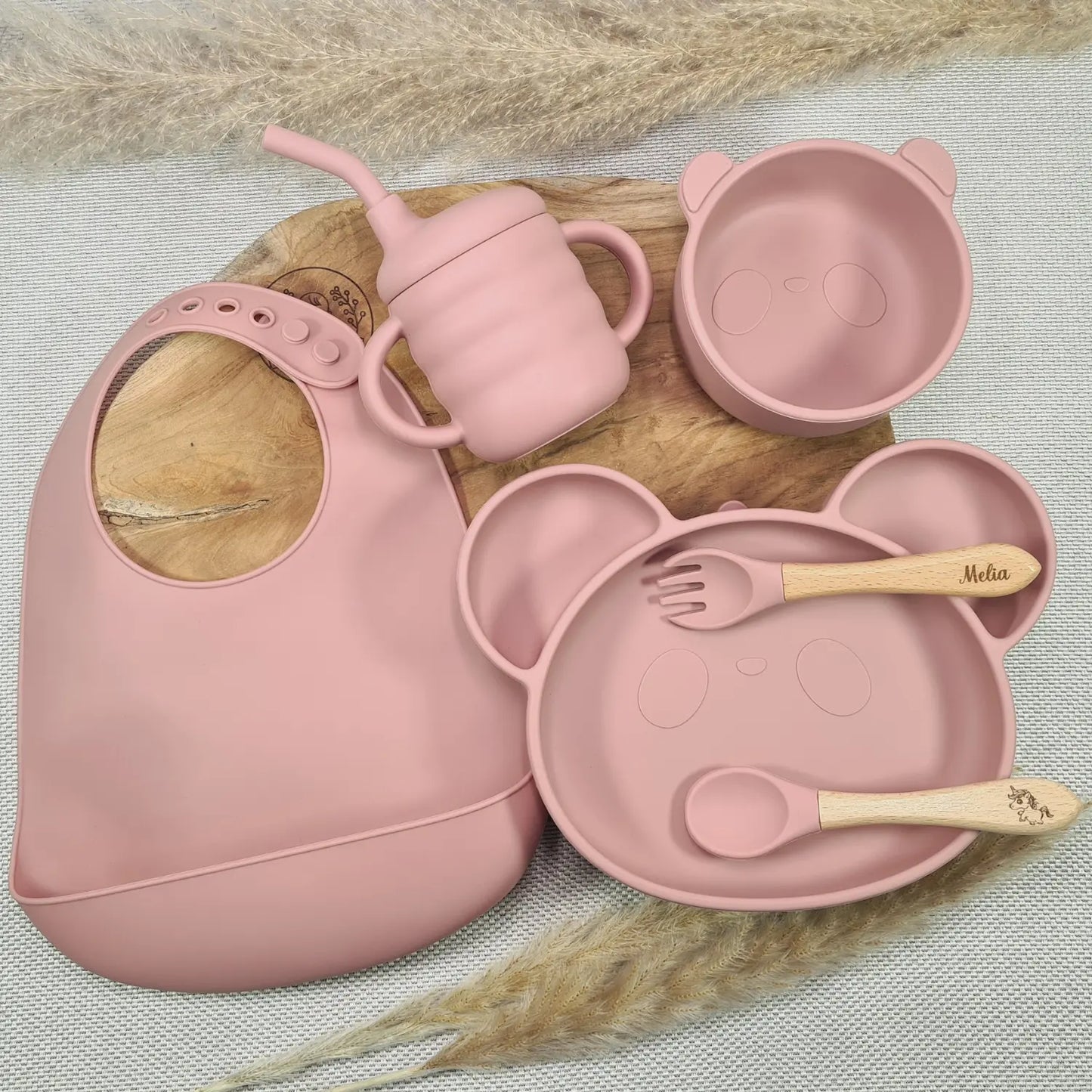 Set repas bébé complet avec prénom rose