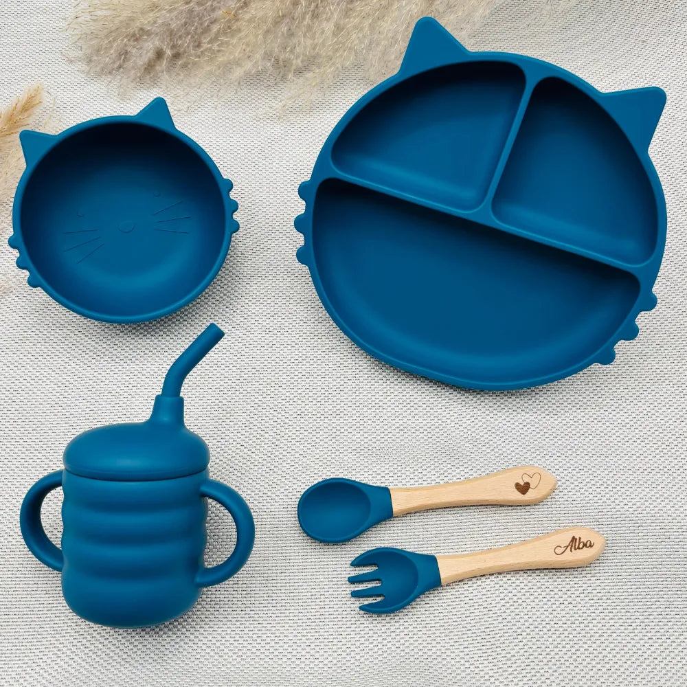 Set repas bébé personnalisé bleu marine en silicone, coffret naissance original Baby-Crea