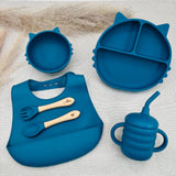 Set repas bébé personnalisé bleu marine en silicone, coffret naissance complet avec assiette chat et bavoir Baby-Crea