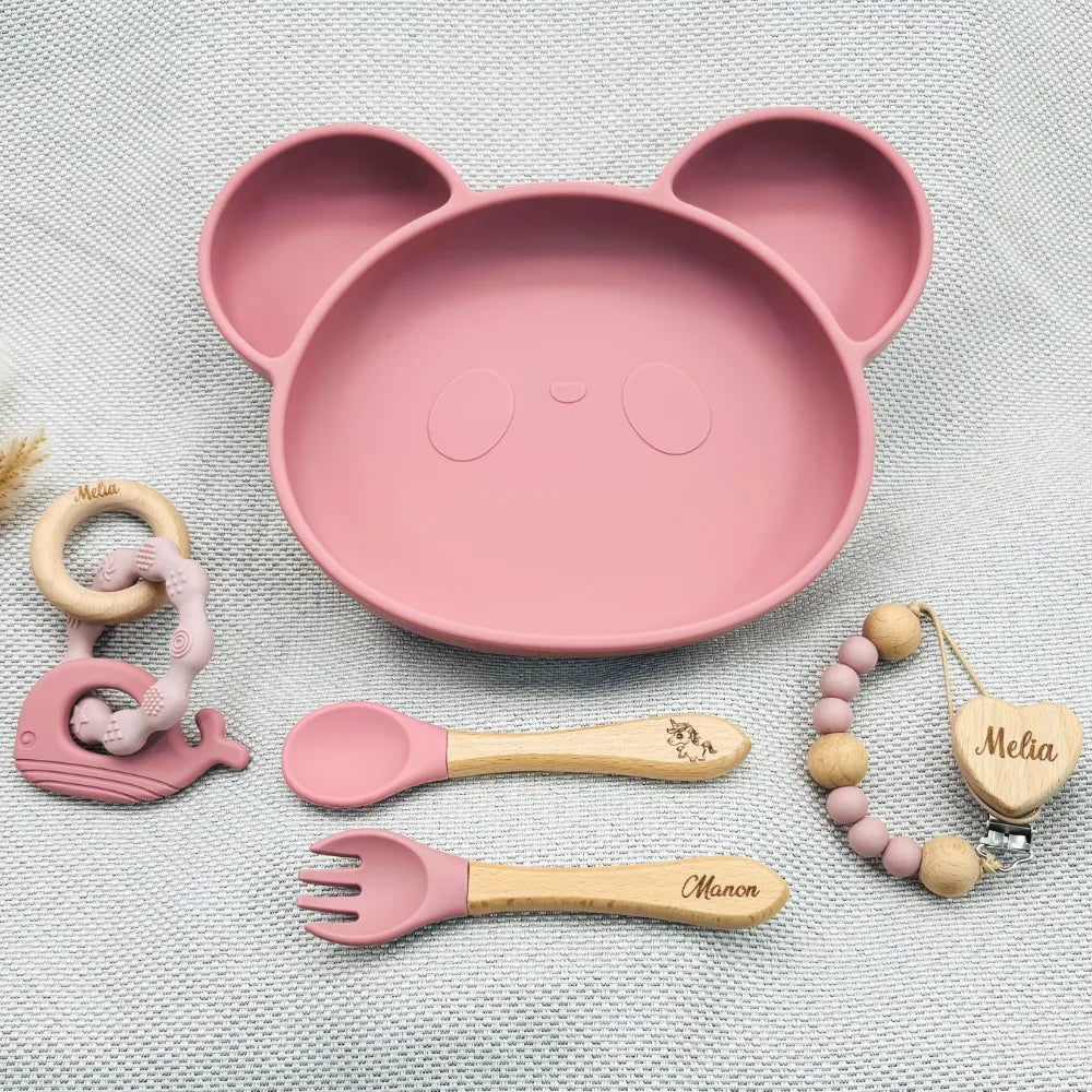 Coffret Bébé Personnalisé – Assiette Panda, Couverts, Attache & Anneau - Baby-crea