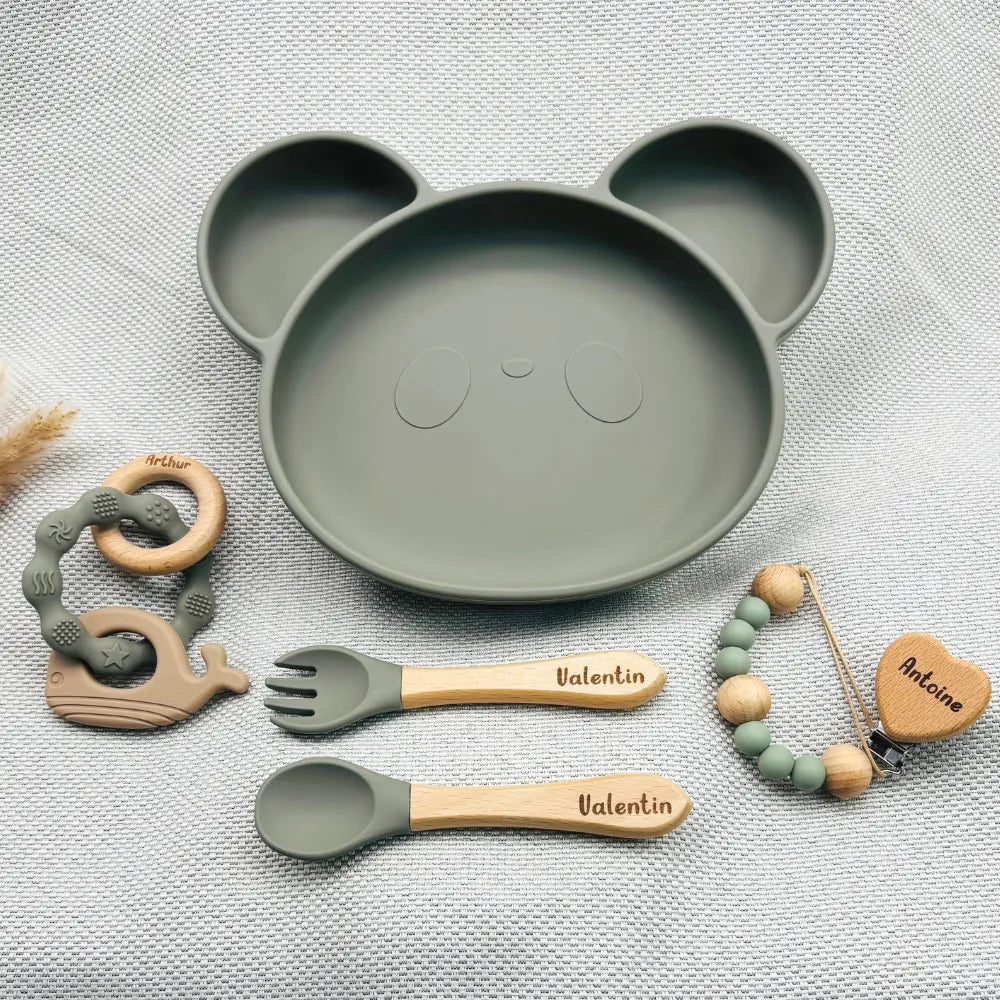 Coffret Bébé Personnalisé – Assiette Panda, Couverts, Attache & Anneau - Baby-crea