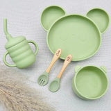 Set repas bébé vert pastel avec prénom Gabin et Antoine, vaisselle bébé panda silicone, bol et tasse anti-fuite, couverts bébé personnalisés, attache tétine bois – idée cadeau naissance mixte