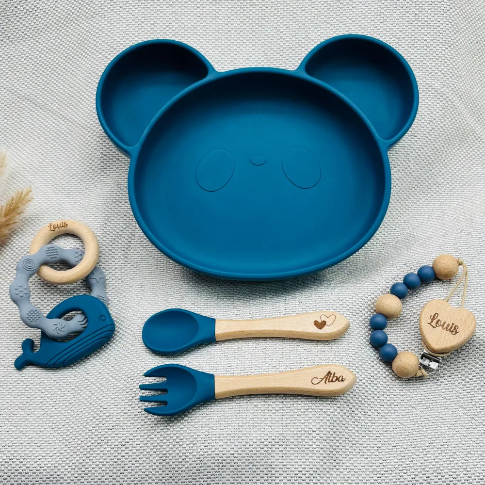 Coffret Bébé Personnalisé – Assiette Panda, Couverts, Attache & Anneau - Baby-crea