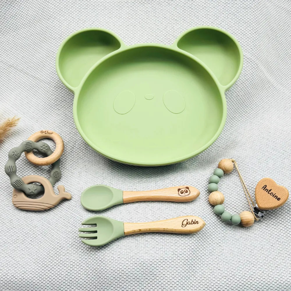 Coffret Bébé Personnalisé – Assiette Panda, Couverts, Attache & Anneau - Baby-crea