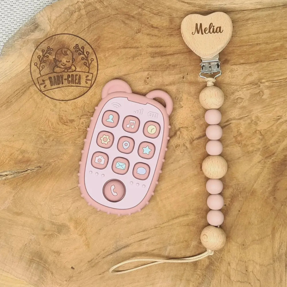 Jouet dentition pop-up sans BPA et Attache sucette gravée au prénom rose
