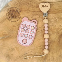 Jouet dentition pop-up sans BPA et Attache sucette gravée au prénom rose