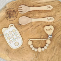 Kit bébé beige avec anneau, couverts et attache tétine