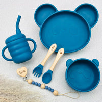 Coffret repas bébé bleu personnalisé avec prénom Louis et Alba, assiette panda silicone, tasse apprentissage, bol assorti, couverts gravés prénom, attache tétine bois – coffret naissance garçon