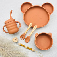 Set repas bébé personnalisé terracotta avec prénom Juliette et Lenny, assiette panda silicone ventouse, bol assorti, tasse anti-fuite, couverts prénom gravés, attache tétine bois