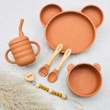 Set repas bébé personnalisé terracotta avec prénom Juliette et Lenny, assiette panda silicone ventouse, bol assorti, tasse anti-fuite, couverts prénom gravés, attache tétine bois