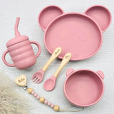Coffret repas bébé rose poudré avec prénom Manon et Melia, assiette silicone panda, tasse bébé paille, couverts en bois personnalisés, bol panda, attache tétine fille – cadeau bébé fille original