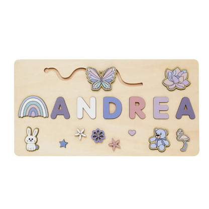 puzzle prénom ANDREA décor arc-en-ciel et peluche