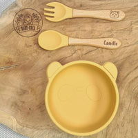 Cadeau naissance set repas bébé prénom jaune