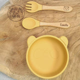 Cadeau naissance set repas bébé prénom jaune