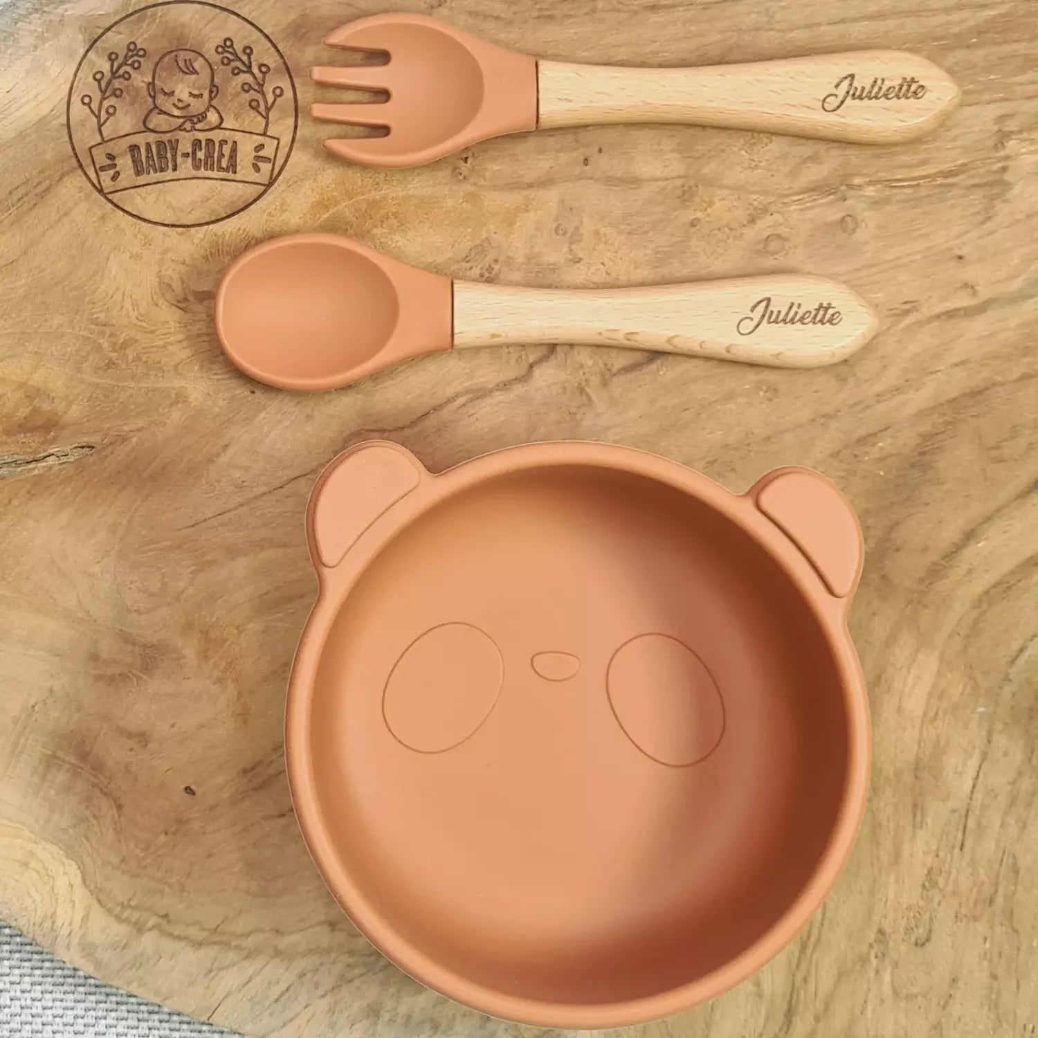 Ensemble bol et couverts bébé mixte personnalisé marron